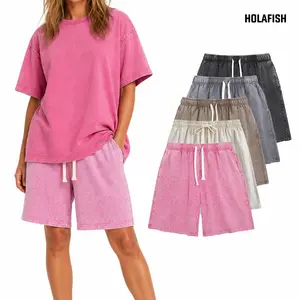 Holafish 1PC Retro Acid Wash Basic Unisex Tee & Shorts Cotton,7" Inseam Shorts Breathable Casual Summer Outfit for Men & Women,Comfortable for All Genders,Loose Fit Unisex Tshirt Shorts Short Sleeve Casual Streetwear Basic Tops Crewneck