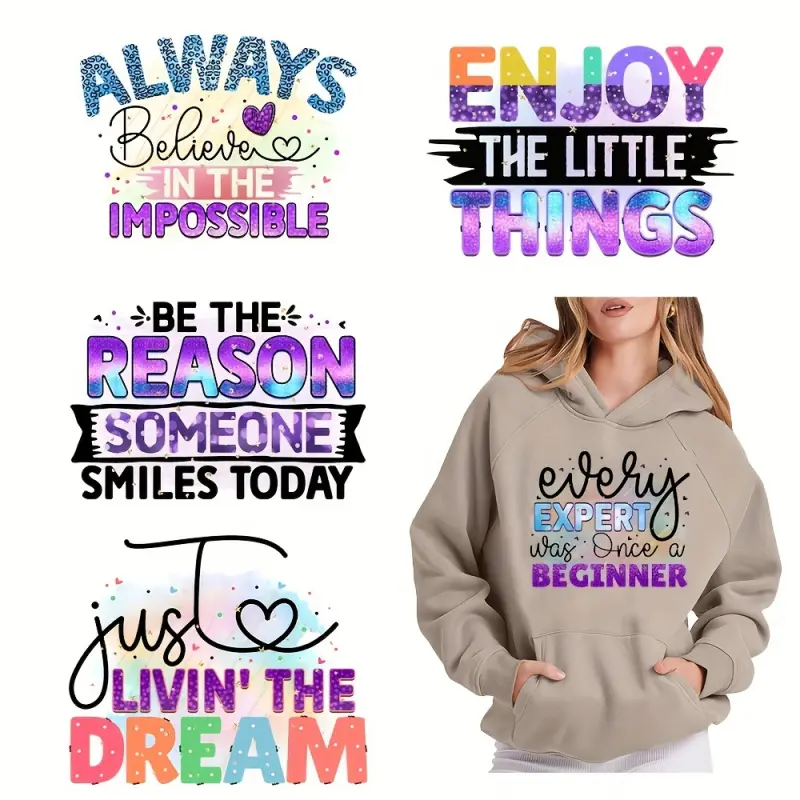 6 Pcs Multi Color Vinyl Iron on Patches No Sew Heat Transfer Decals for DIY T Shirt Mask Jeans Backpack Washable Durable Inspirational Stickers with Instructions DIY Material