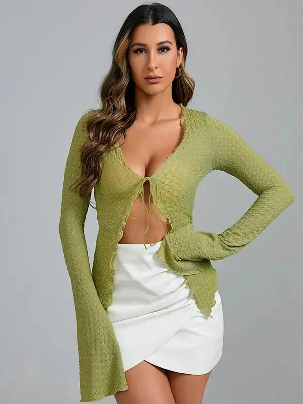 Nice Textured Material Flare Sleeve Drawstring Blouse Top