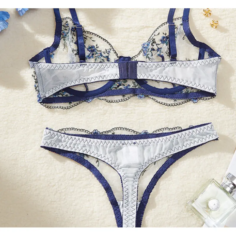Women's Floral Embroidery Detail Knit Weave Mesh Lingerie Set - Elegant Semi-Transparent Polyester Blend, Skin-Friendly Fit, Random Print, Hand Wash Only