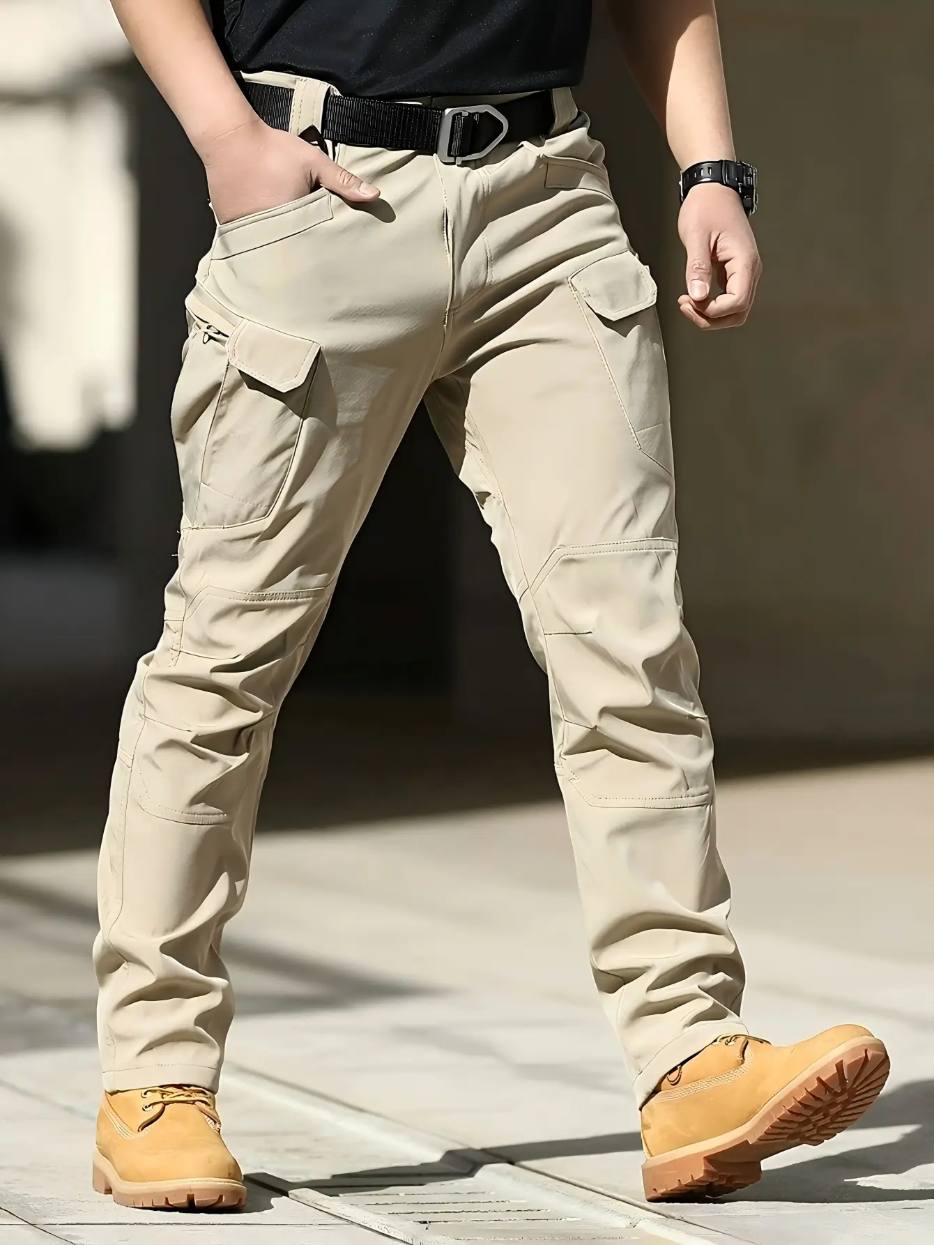 Men's Tactical Work Pants Beige Multi-Pocket Durable Plain Weave Fabric Reinforced Design for Hiking Camping Spring Autumn Casual Workwear