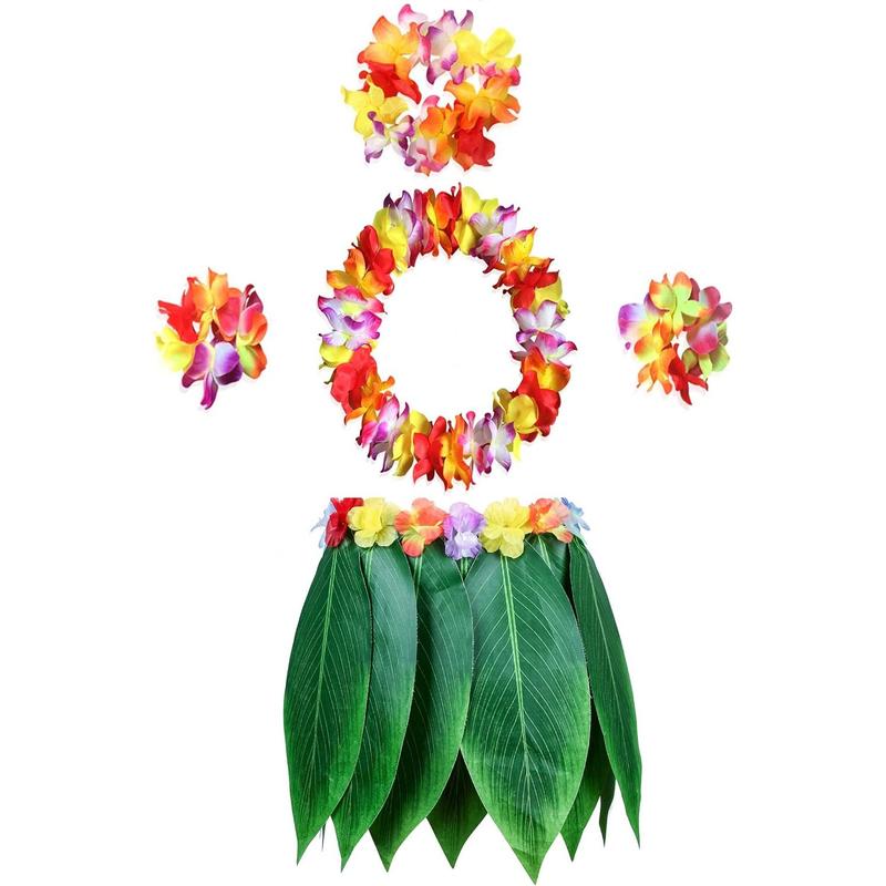 Leaf Hula Skirt and Hawaiian Leis Set Grass Skirt with Artificial Hibiscus Flowers for Hula Costume and Beach Party Womenswear Clothes