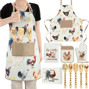 10 count Mother's Day Chicken Kitchen  Set for Women Include Apron Oven Mitts Pot Holder Dish Towel Cooking Utensil Kit