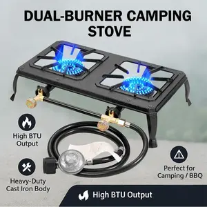 Cast Iron Propane Gas Stove Double Burner Heavy Duty Portable Removable Outdoor Cooker 200LB Support High Heat for Camping BBQ Fogon de Gas Estufa de Gas Portatil Parrillas de Gas