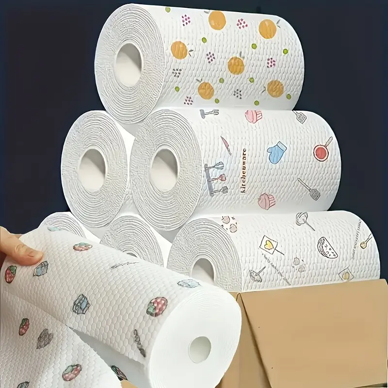 Reusable Multi-Purpose Kitchen Towels Wipes - 2/3 Rolls (200pcs), Absorbent, Soft, Wet & Dry, No Power/Battery-Free, Assorted Patterns, Essential Home Care Supplies for Cleaning, Dishwashing, Outdoor Use