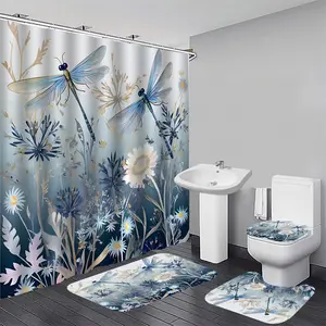Dragonfly & Flower Pattern Shower Curtain Set with 12 Hooks, 1/4 Counts Including Shower Curtain & U-shaped Mat & Bath Mat & Toilet Lid Cover, Bathroom Decor Supplies, Bathroom Decoration Accessories