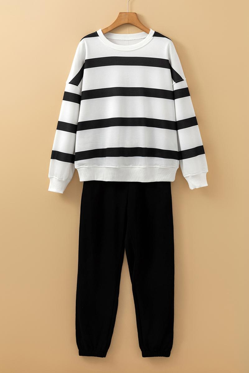 Mntaor Women's Striped Two Piece Outfit Long Sleeve Drop Shoulder Pullover Tops & Jogger Pants Sets Casual Style Comfortable Everyday Wear,Winteroutfit