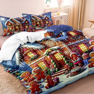 3-piece duvet cover set with a Christmas-themed, whimsical gingerbread house pattern, printed using 3D digital printing technology. Suitable for bedroom and guest room bedding (includes 1 duvet cover and 2 pillowcases, duvet insert not included).