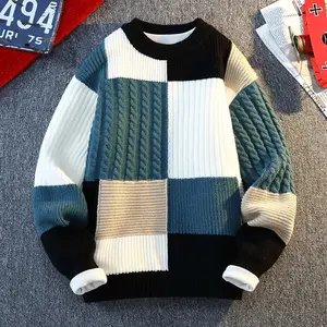 Autumn Winter Men's Round Neck Knit Sweater Fashion Plaid Knitted Pullovers Men  Casual Loose Warm patchwork Sweaters