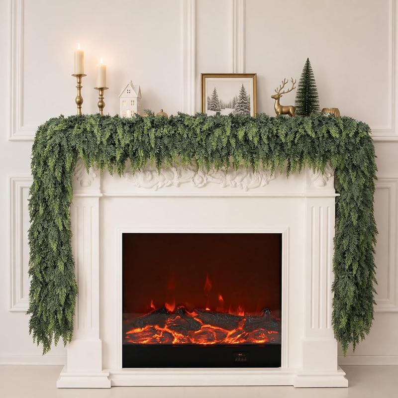 9 FT 1/2 Pcs Artificial Cedar Garlands, Real Touch Soft Cedar Pine Garland, Winter Artificial Greenery Garland for Fireplace Mantel Staircase Porch Table Indoor Home Decor