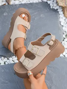 Women's Vintage Roman Sandals, Three Buckle Strap Design, Textile Upper Material, Rubber Sole, Casual Beach Shoes, Multiple Colors Available, Footwear For Beach