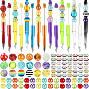 15 count Plastic Beadable Pens Assorted Bead Pens Multicolor Bubblegum  Spacer Beads, Black Ink Ballpoint DIY Set,  to School  for Student Summer  Party Gifts(Rainbow Color)