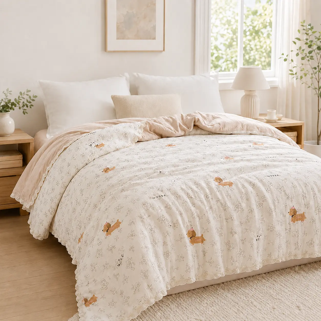 Soft Textured Summer Blanket, Beautiful Printed Lightweight Quilt with Wrinkled Fabric Design, Cozy Breathable Bed Cover for Bedroom Decoration, Couch & Travel Use