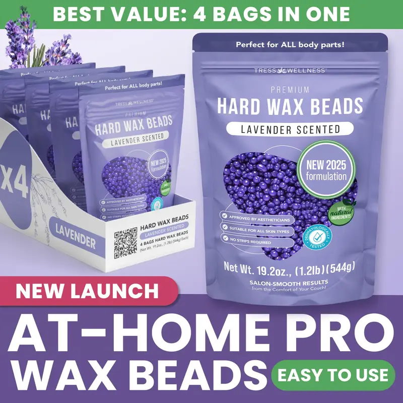 Tress Wellness 4 Packs of Salon-Quality Hard Wax Beads Bundle Refill for Home Waxing | Full-Body Safe | Dermatologically Tested | Lemon Scent | Smooth Hair Removal