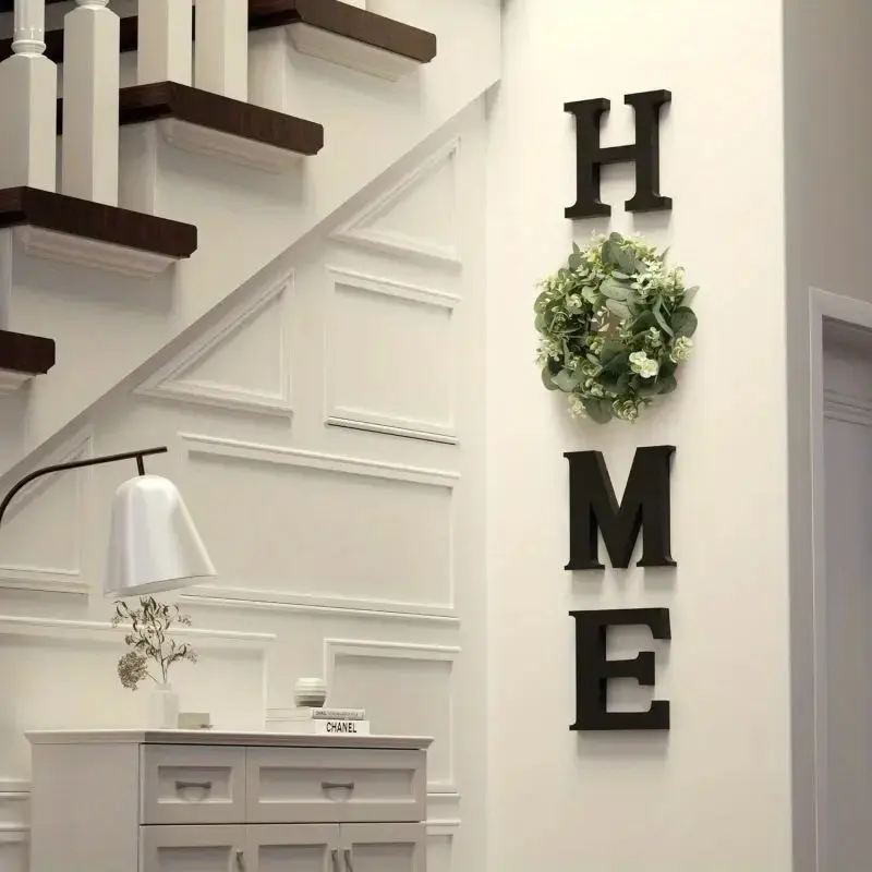 Natural Wood Home Letter Wall Decor with Flower Wreath, Elegant Design for Entryway Kitchen Living Room Boho Farmhouse Style Home Decoration, Wooden Wall Art, Indoor Home Decoration, House Decor Aesthetic, Home Decor Products