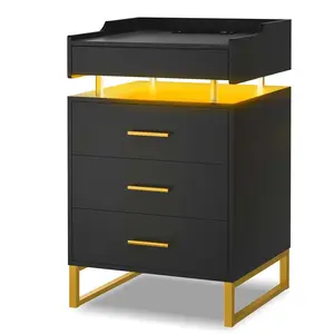 Sikaic LED Nightstand with 3 Storage Drawers Black Bedside Cabinet Wood Bedside Table
