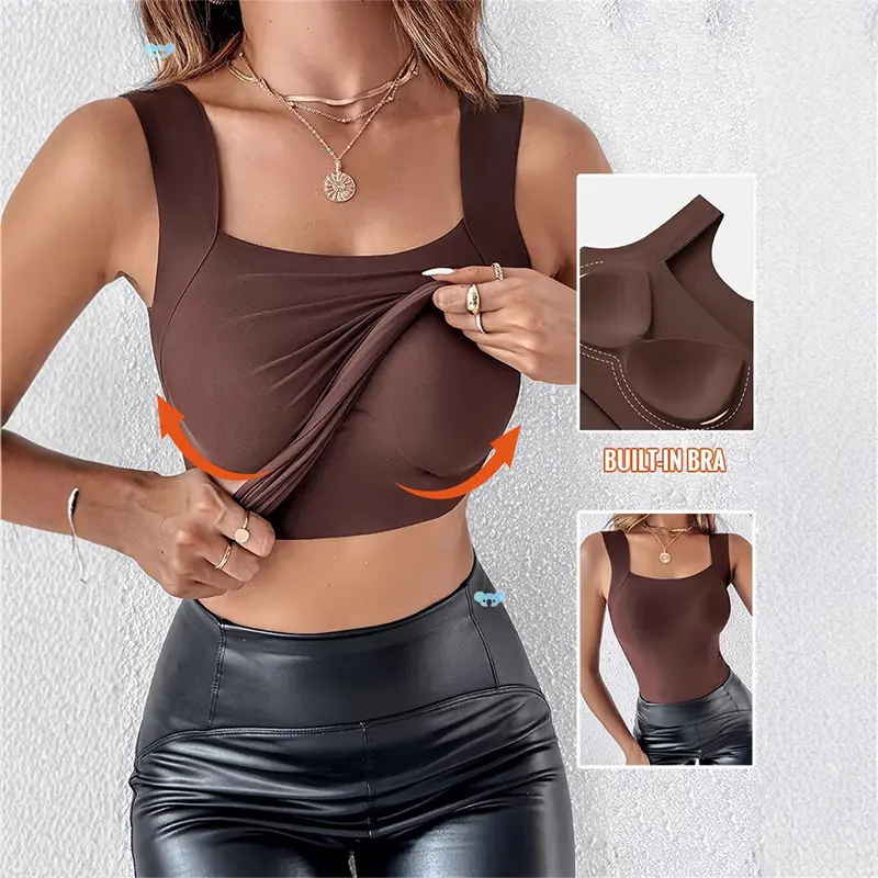 Built-In Bra Square Neck Crop Tank | Seamless No-Bra Layering Top,Square Neck Tank with Built-In Bra Support | Fitted No-Bra Essential,back to school,back to school shopping
