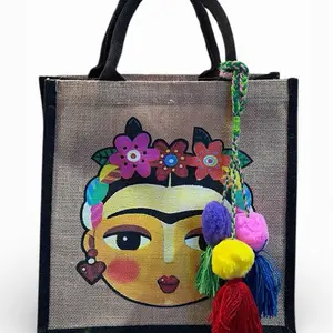 Frida Kahlo Jute Bag with Colorful Pom Pom Tassel and Floral Embroidery for Women