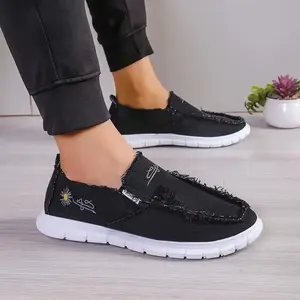Women's Lightweight Frayed Denim Slip-On Shoes Comfortable Canvas Loafers Non-Slip Casual Shoes for Elderly & Daily Wear