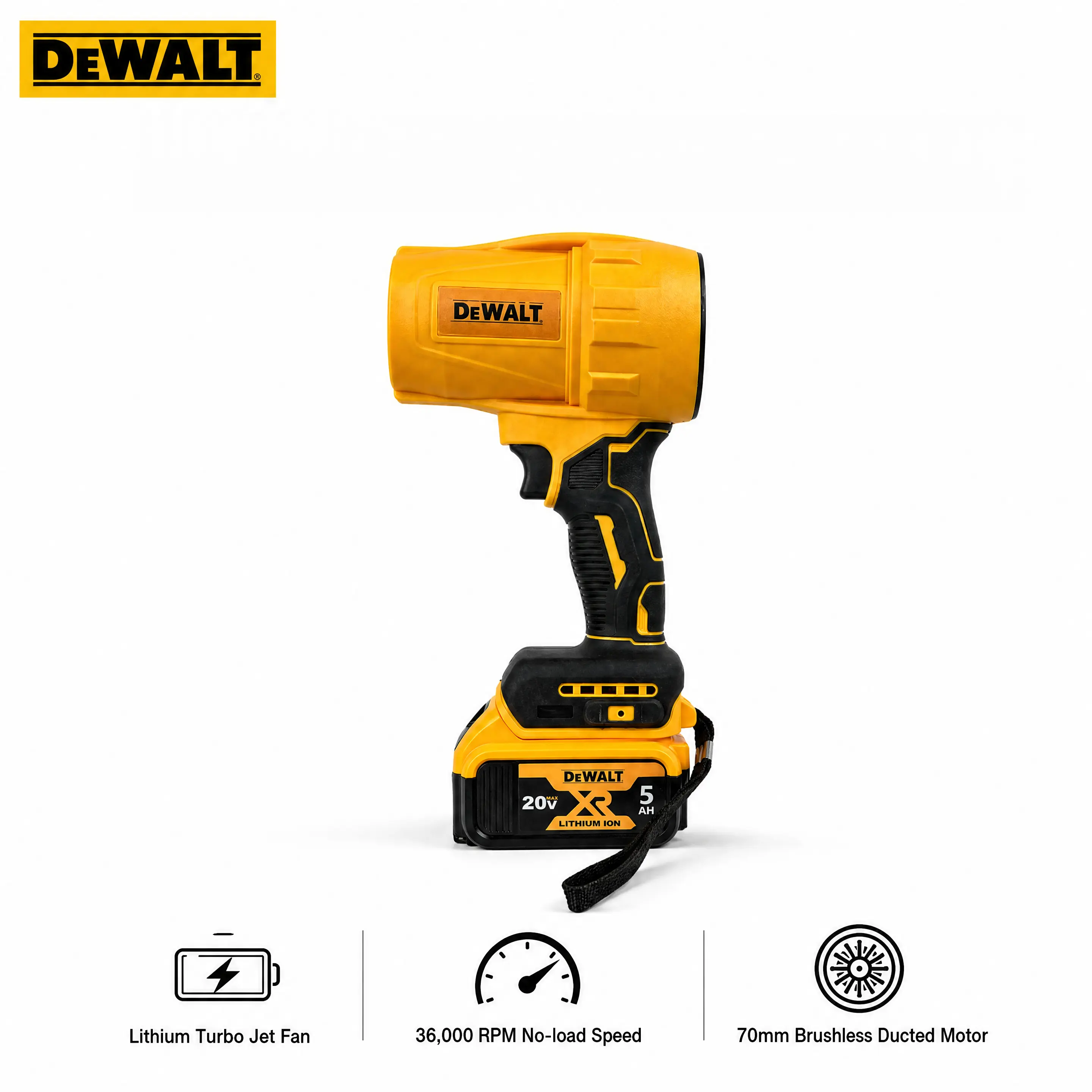 DEWALT 20V Max Handheld Turbo Air Blower, Lithium-Battery Powered, Brushless 70mm Ducted Motor, 36000 RPM, Stepless Trigger Control, 900g Max Thrust for Auto Drying, Dust Clearing, Outdoor Leaf Blowing