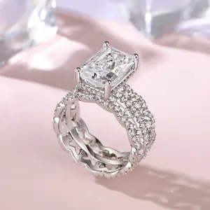 Jeulia 3PC Emerald Cut Sterling Silver Ring Set Sterling Silver Zircon Engagement