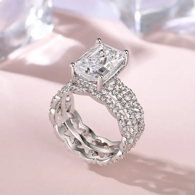 Jeulia 3PC Emerald Cut Sterling Silver Zircon Ring Set, Engagement Wedding Rings for Brides