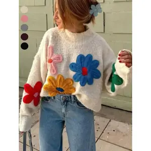 Colorblock floral embroidered drop shoulder pullover sweater, casual long-sleeve mock neck jumper for autumn and winter, women’s everyday wear