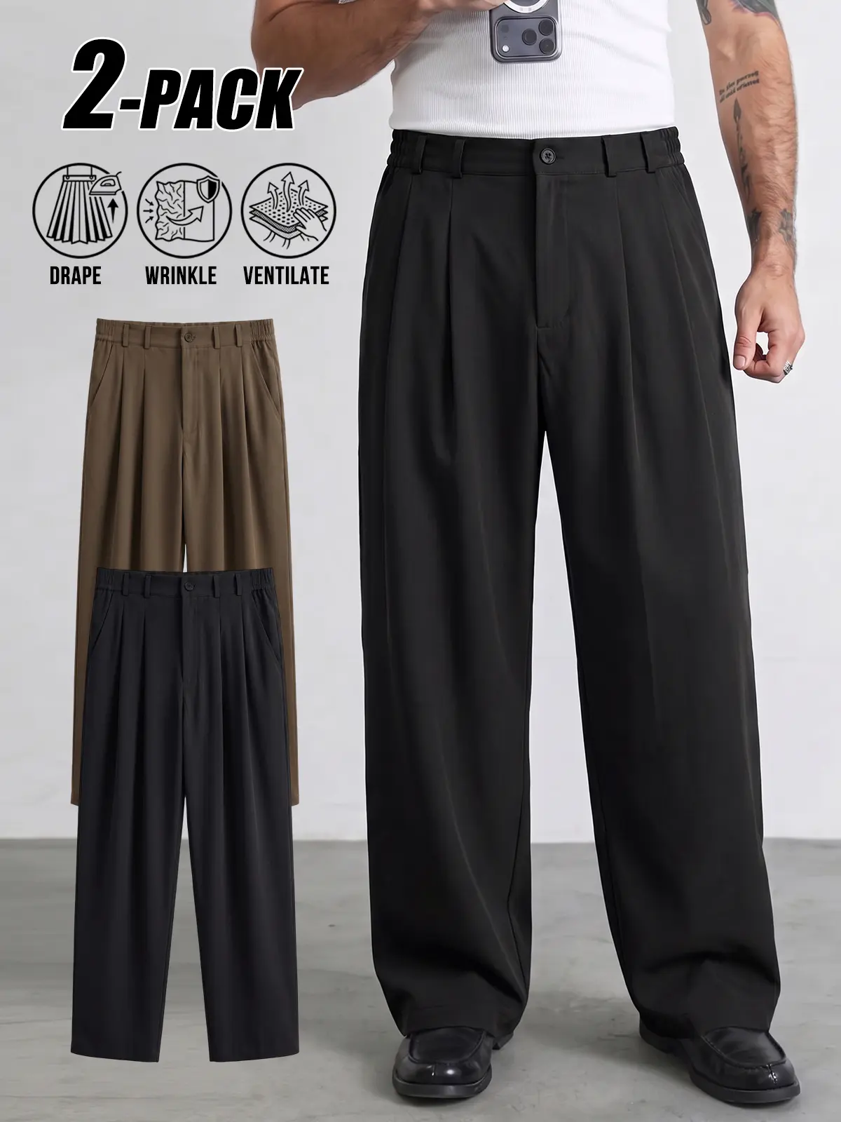 2-Pack Versatile Non-Iron Pleated Straight Long Suit Pants, Regular Straight Cut, Clean Fit Minimal Urban Smart Casual All Season Business Casual Long Trousers Bundle