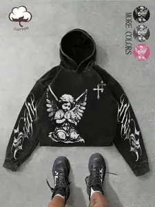 Unisex style, Streetwear-inspired, retro-style, Graphic, water-washed hooded sweatshirt with a cute angel motif, Casual and relaxed fit, made of cotton fabric, soft and comfortable, Thin sweatshirt suitable for everyday wear in spring and autumn, Trendy