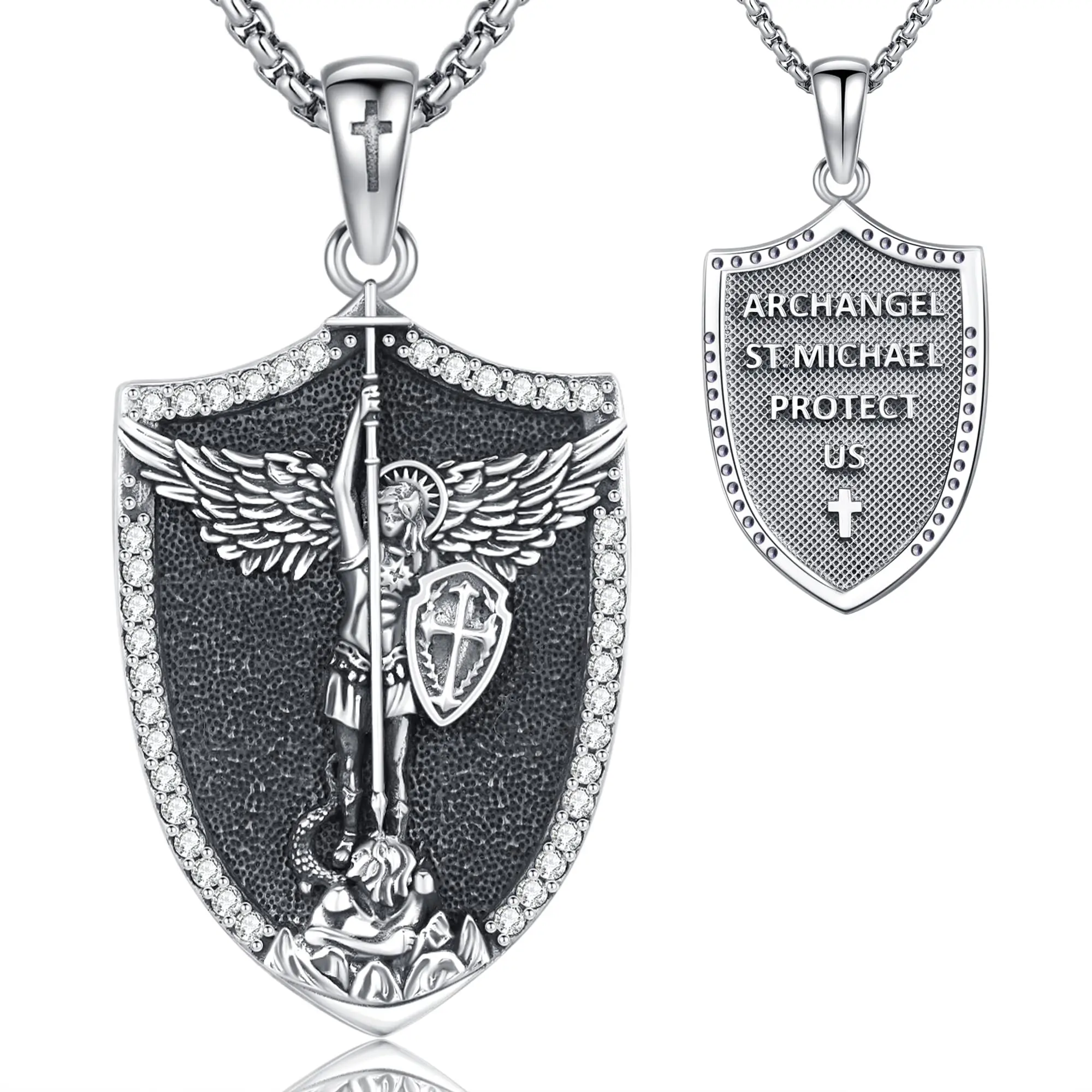 DRINSPER Cadmium-Free 925 Sterling Silver Saint Michael Spiritual Pendant, Retro Faith Statement Religious Necklace for Men, Catholic Protection Amulet with 22+2" Box Necklace and Chain, Faith Necklace