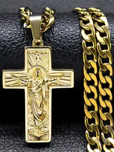 Stainless Steel Cross Jesus Graphic Design Pendant Necklace, Hip Hop Cuban Link Chain Religious Crucifix Necklace for Men, Fashion Jewelry for Party, Religious Jewelry Gift, Daily Decor Gothic Cross, Cross Necklaces
