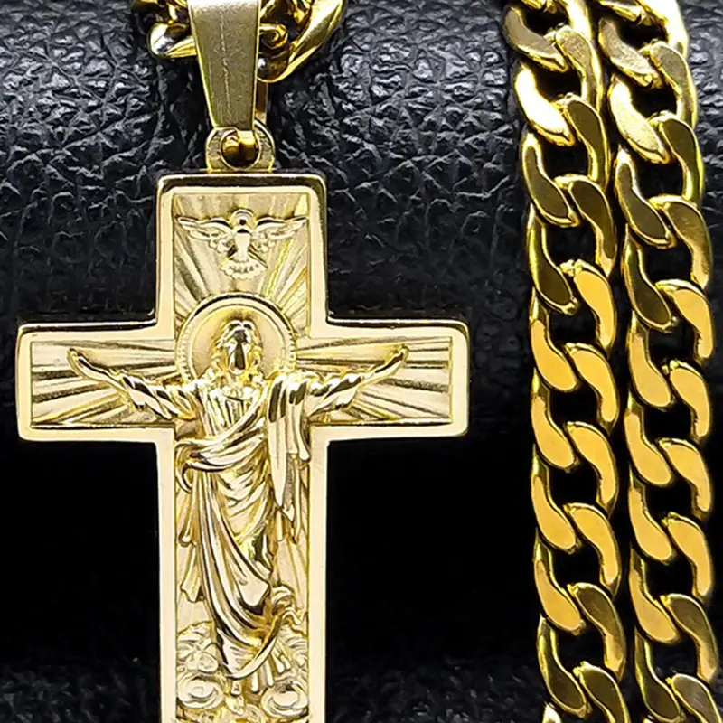 Stainless Steel Cross Jesus Graphic Design Pendant Necklace, Hip Hop Cuban Link Chain Religious Crucifix Necklace for Men, Fashion Jewelry for Party, Religious Jewelry Gift, Daily Decor Gothic Cross, Cross Necklaces