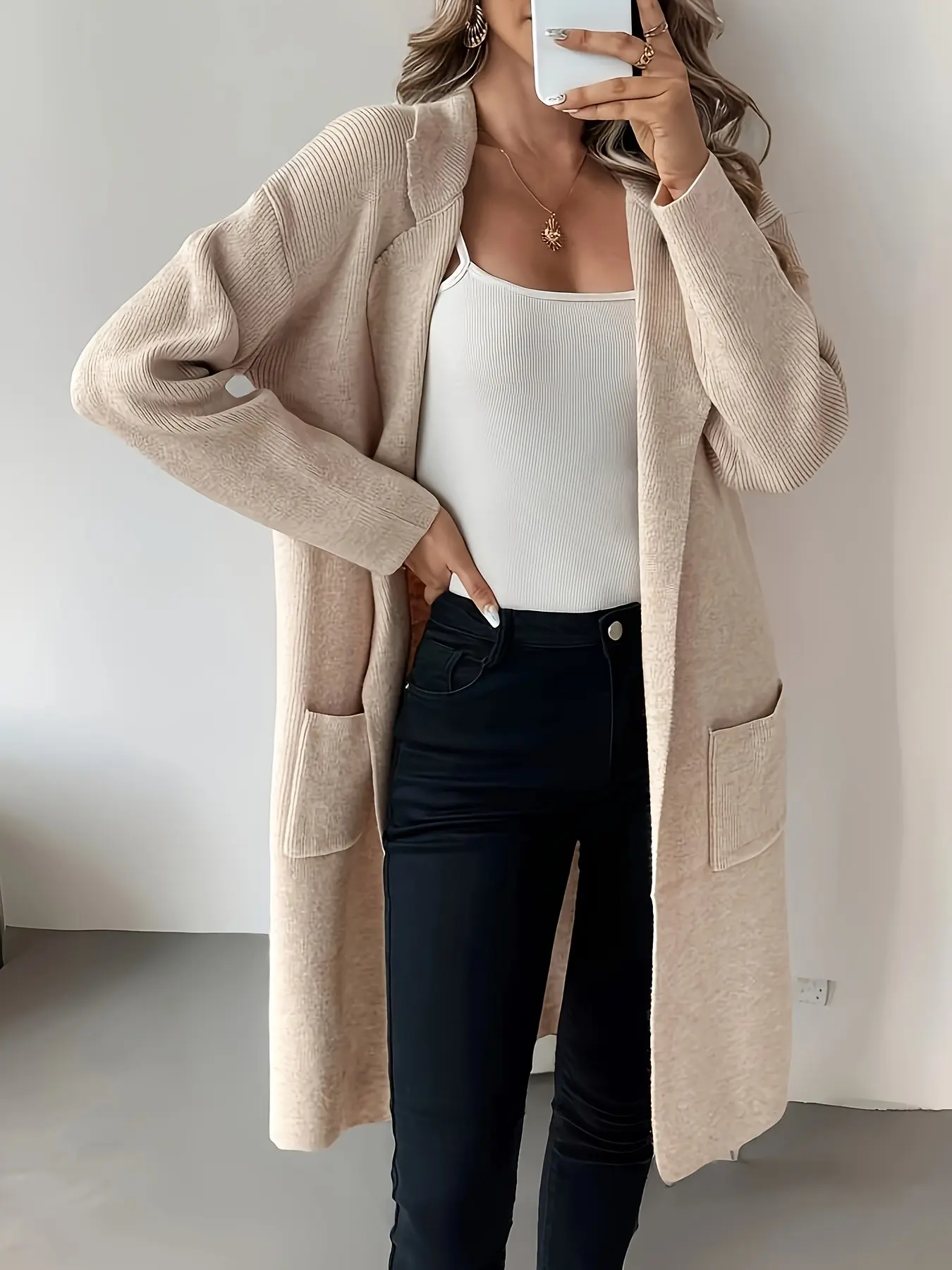 Women's Casual Minimalist Soft Knit Daily Cardigan Sweater Coat, Lady Womenswear Long Sleeve Drop Shoulder Fit Pockets Design, Fall & Winter Essential Outerwear, Knitwear, Knitting, Piece, Casual Basic Knitwear