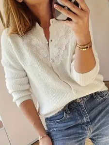 Elegant Knit Cardigan with Lace Embroidery & Pearl Buttons, Soft V Neck Sweater for Women, Stylish Fall & Winter Fashion