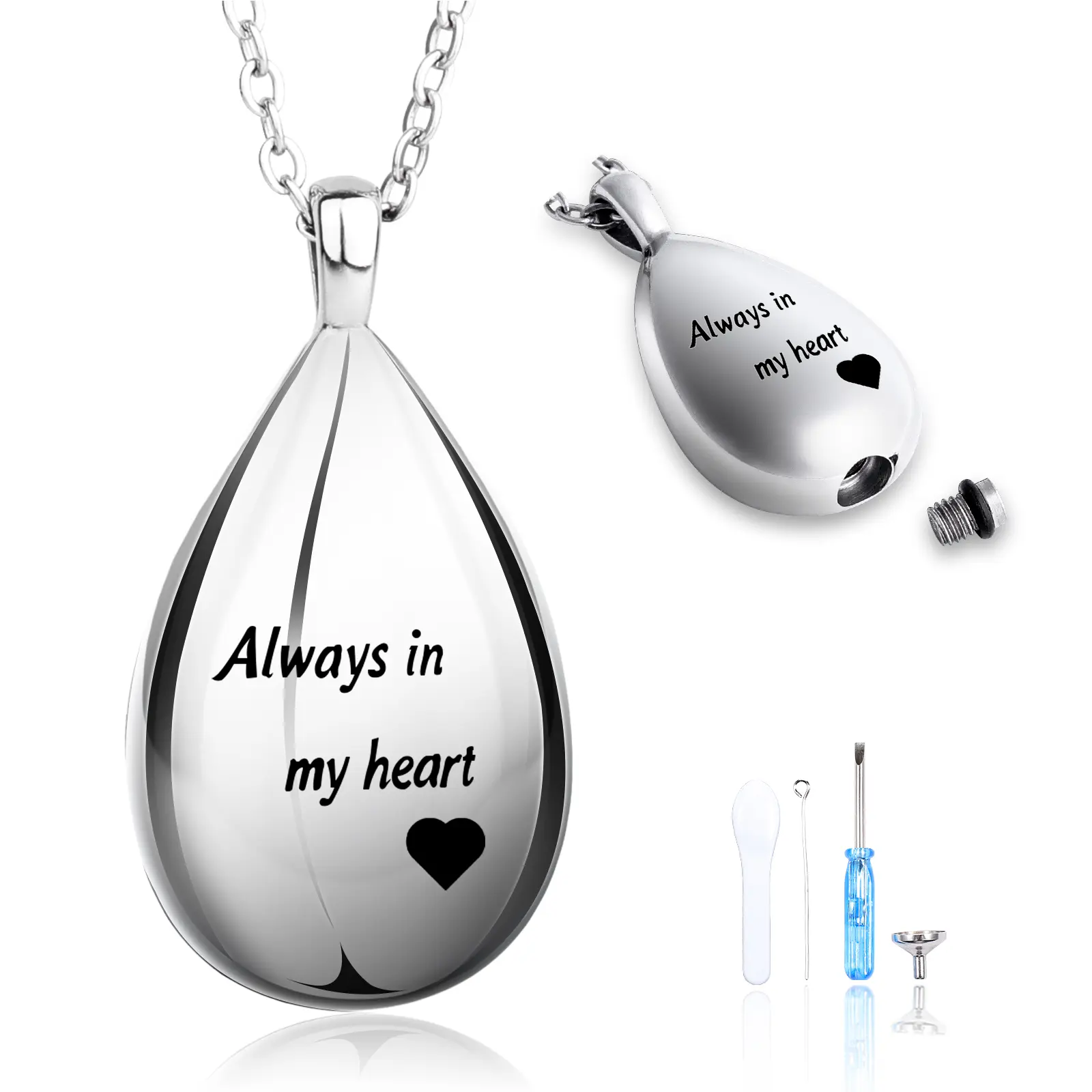 EIGIIS Stainless Steel Teardrop Urn Necklace for Ashes, Waterproof Cremation Jewelry Keepsake Locket Pendant Container with Adjustable Chain, Memorial Gift for Women Men Pets