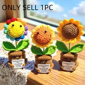 Handmade Crochet Sunflower Emotional Support Plant | Cute Yarn Floral Desk Decor with Inspirational Notes | Window Sill Shelf Accent for Stress Relief | Thoughtful Gift for Friends Family Adults | US All-Season Ornament
