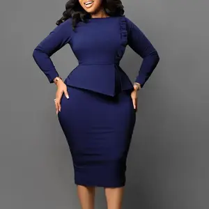 D356 Elegant Plus Size Navy Blue Dress Long Sleeve Ruffle Detail Peplum Design Slim-Fit Midi Length Work Cocktail Dress Formal Womenswear