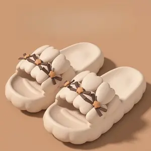 Cute Heart Bow Cloud Slides for Women, Soft EVA Platform Sandals for Summer, Casual Indoor Outdoor Beach Pool Shoes, Comfy Walking Slippers versatile flat