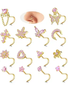 12Pcs 20G Dangle Nose Studs for Womens L Shaped 14K Gold Plated Silver Stainless Steel Corkscrew Dangly Nose Rings Stud CZ Heart Moon Butterfly Nose Piercing Jewellery for Women Nose Piercing Jewelry
