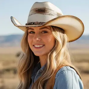 Distressed Two-Tone Cowboy Hat with Leopard-Print Star Band