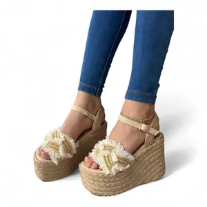 Brown Jute Platform Sandal 8cm with Fringes Women's Summer Open Toe Buckle Closure Bohemian Chic Design Comfortable Footwear