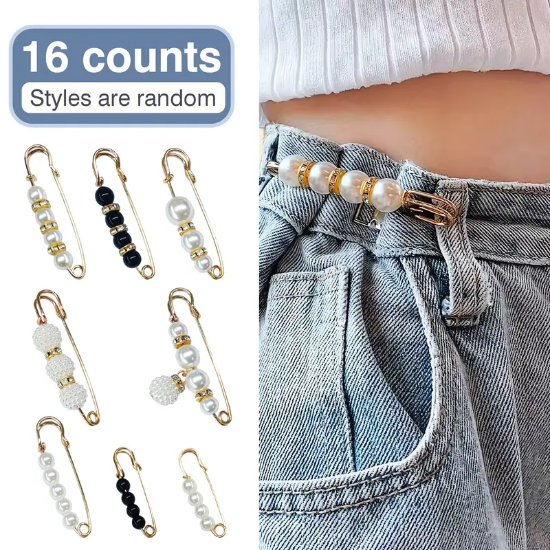 16 Counts Pearl Brooch Pins, Faux Pearl Clothing Dresses Decoration, No Sewing Sweater Shawl Safety Pins Cardigan Collar Safety Pins for Women Pant Tightener, Mixed Style Assortment