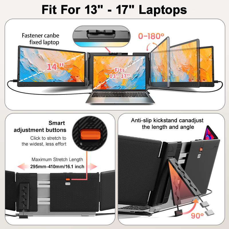 【WeeklyDeals】Dual Laptop Screen Extender, 14" FHD 1080P Portable Monitor for Laptop, Weighing 4.1 lbs, Plug & Play Screen Extender, Auto Adjust Width Dual Monitor for 13.3" - 17" Laptops-Please note the list of incompatible models