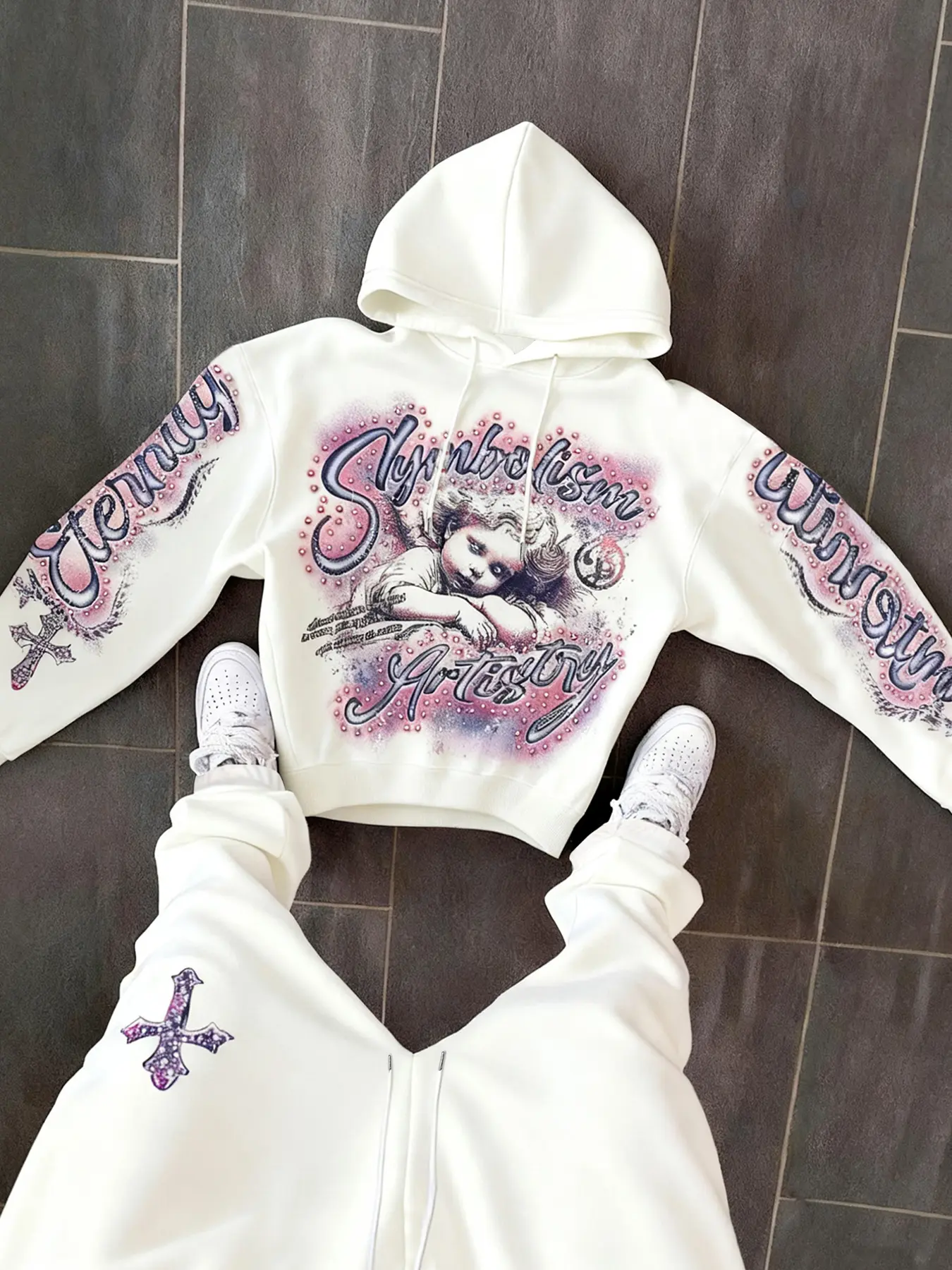 Men's Drawstring Fitted Hoodie and Sweatpants Set, Angel Print Design, Casual Home Wear, Fashionable and Trendy, Youthful Campus Style, Sweatshirt Sweatpants Set