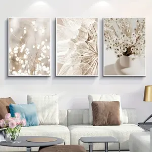 3 Piece Bohemian Beige and Brown Neutral Tone Canvas Wall Art Set - Minimalist Beige Abstract Landscape Painting with Dried Flowers and Leaves, Frameless Textured Surface, Suitable for home decor - Soft Beige, Brown - Modern home decoration