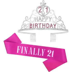 21st Birthday Sash and Crown Set,  Happy Birthday Crown with Rhinestones and  Finally 21 Sash, Birthday Party Decorations