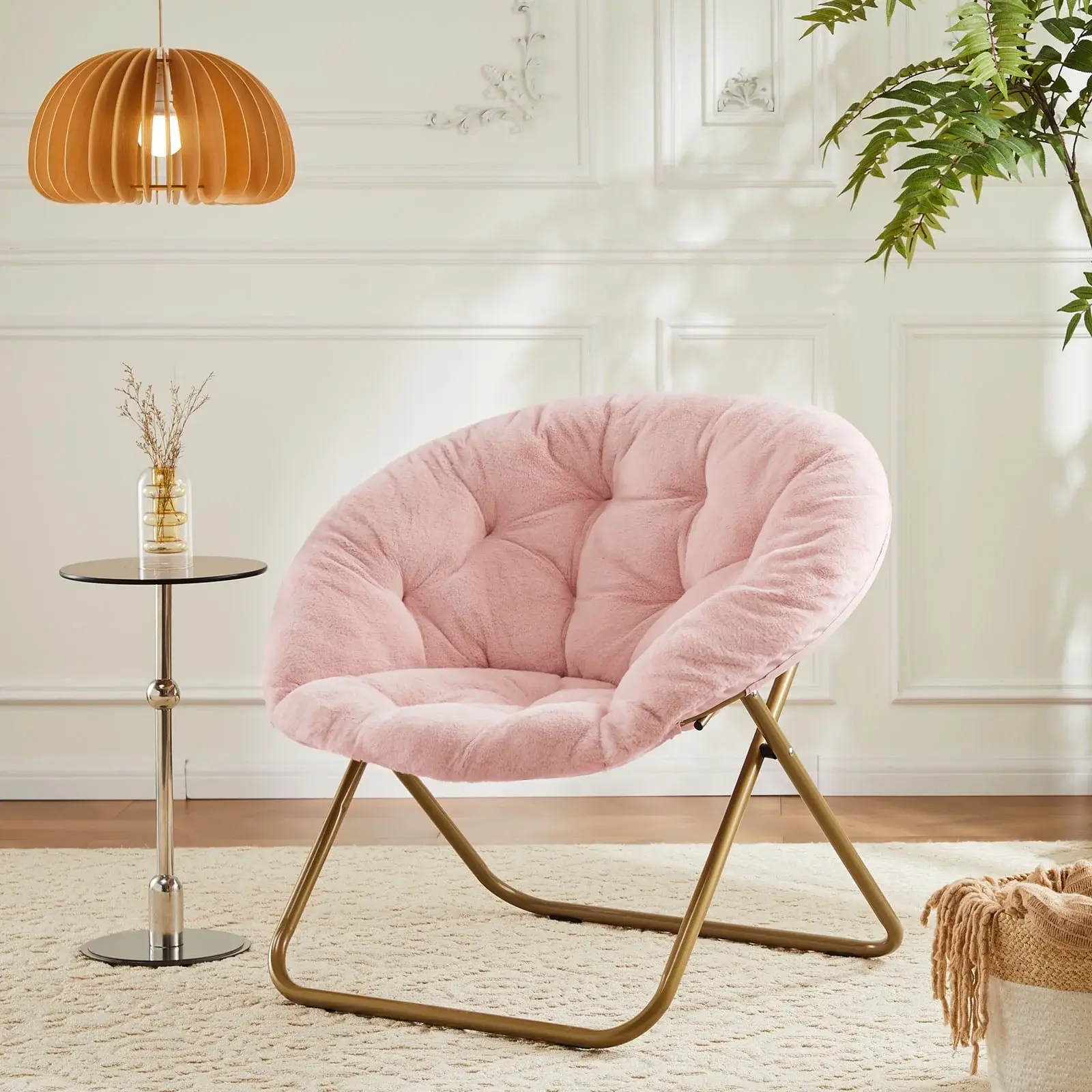 EDX Faux Fur Folding Saucer Chair, Foldable Accent Chair for Adults, Soft Plush Seat, Lightweight & Comfortable