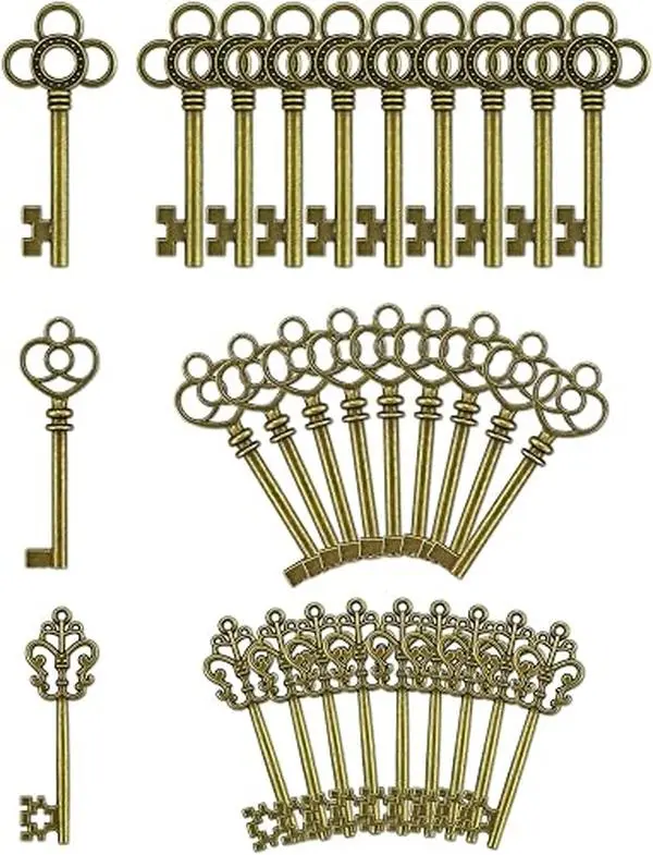 3 Type of 30 PCS Vintage Large Skeleton Key Set Charms, Mixed Antique Style Bronze Brass Key Set Charms for Pendant DIY Jewelry Making Wedding Party Favors
