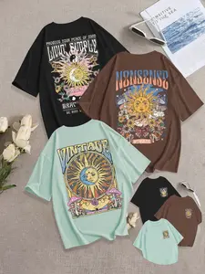 Women's Breathable Casual Streetwear Baggy Oversize Loose-Fit Round Neck Knit Statement T-Shirt, Vintage Moon & Sun Floral Graphic Print, Summer Fashion Comfortable Top Set of Three