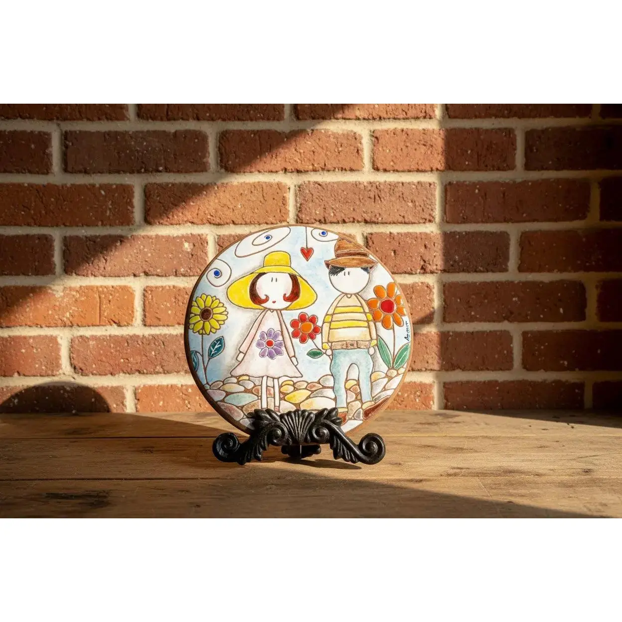 Handmade Sturdy Ceramic Pottery Plate - Whimsical Heart-Themed Boy & Girl with Sunflowers Design, 8" D, 28 oz, for Serving Coffee, Collectible Cultural Pottery Piece